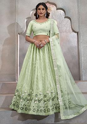 Green Sequin Embroidered Net Lehenga Set