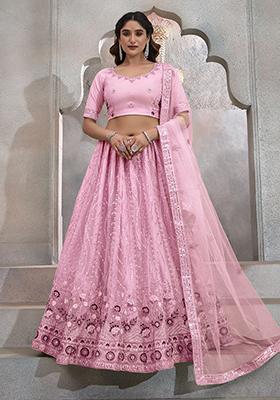 Pink Embroidered Net Lehenga Set
