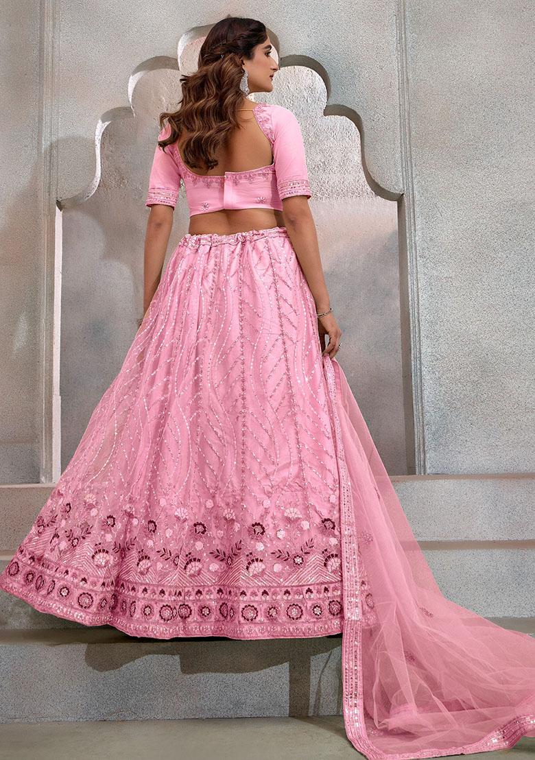 Pink Embroidered Net Lehenga Set