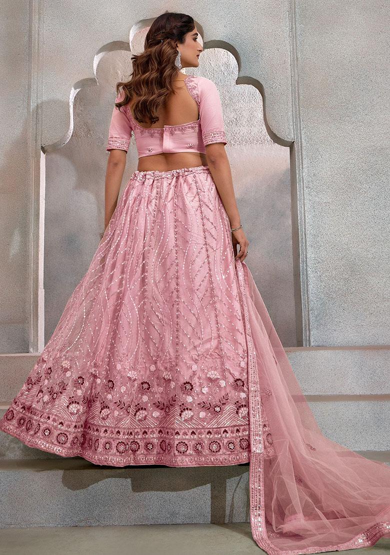 Peach Sequin Embroidered Net Lehenga Set