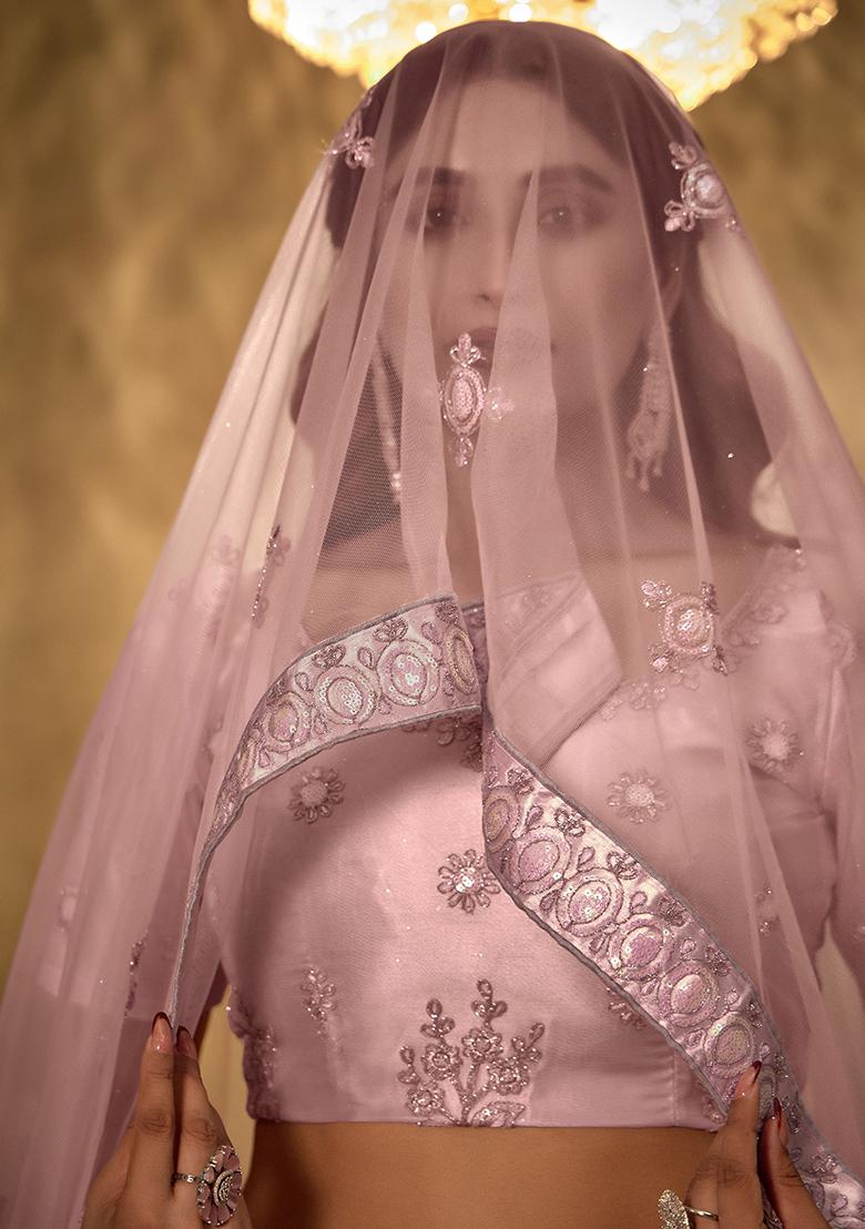 Peach Embroidered Net Lehenga Set