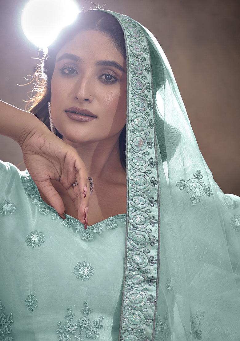 Sky Blue Sequin Embroidered Net Lehenga Set