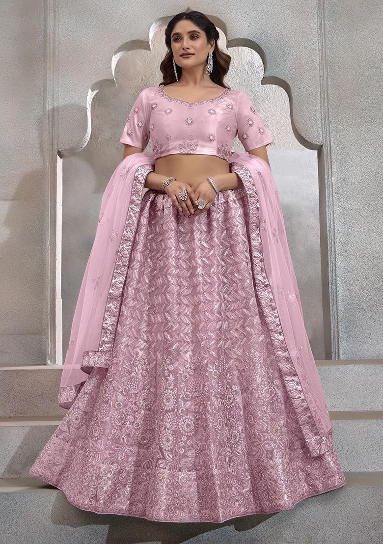 Pink Sequin Embroidered Net Lehenga Set