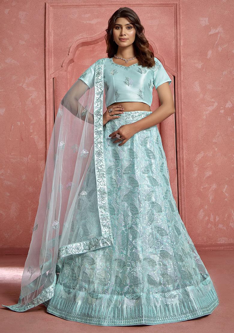 Sky Blue Embroidered Net Lehenga Set