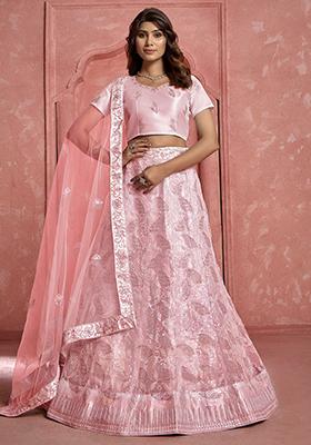 Peach Sequin Embroidered Net Lehenga Set