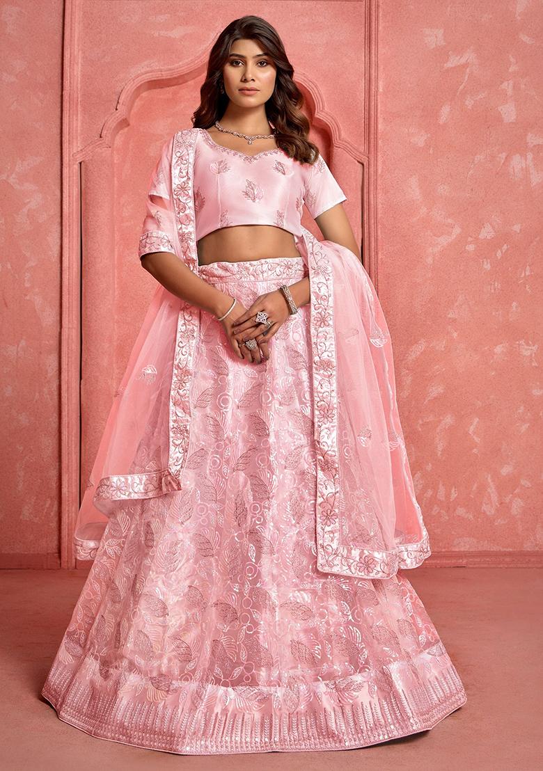 Peach Sequin Embroidered Net Lehenga Set