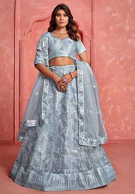 Grey Sequin Embroidered Net Lehenga Set