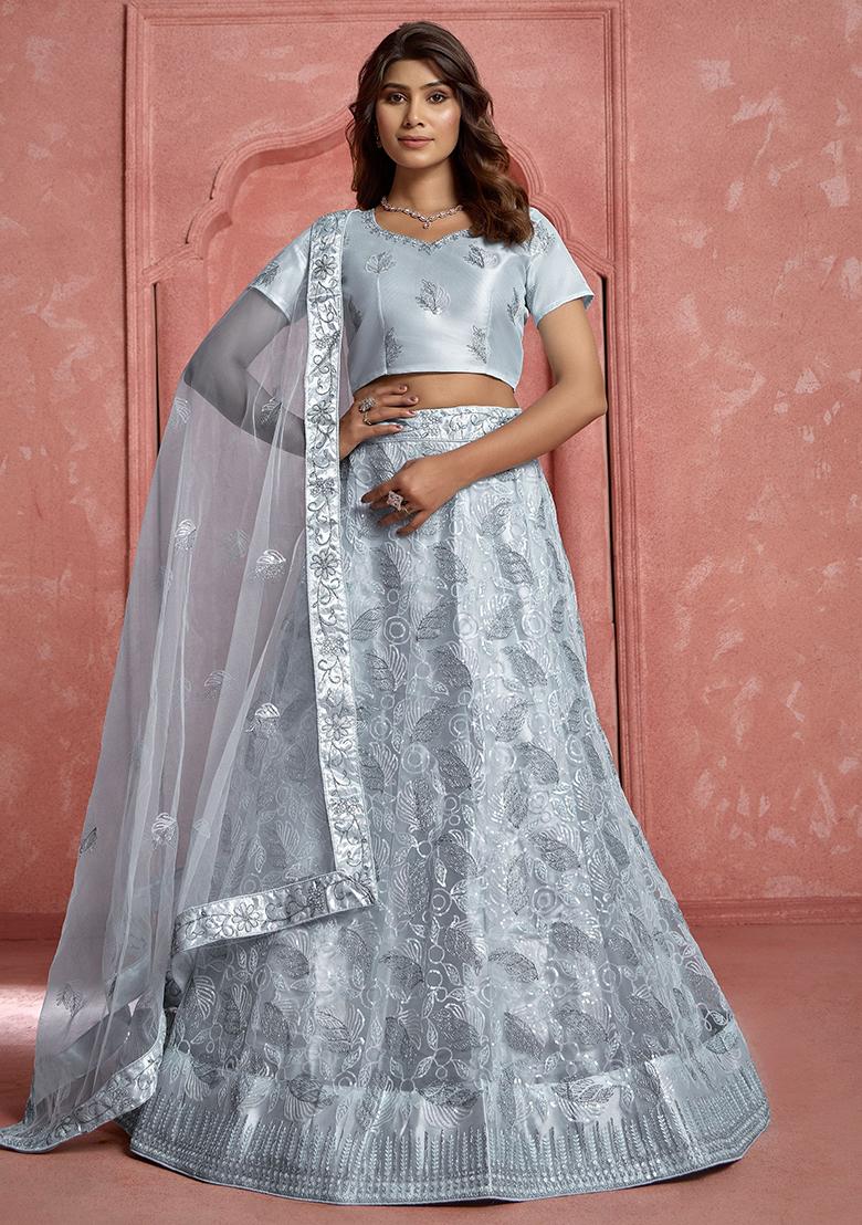Grey Sequin Embroidered Net Lehenga Set