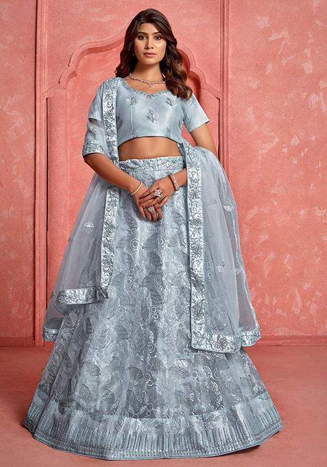 Grey Sequin Embroidered Net Lehenga Set