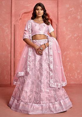 Pink Sequin Embroidered Net Lehenga Set