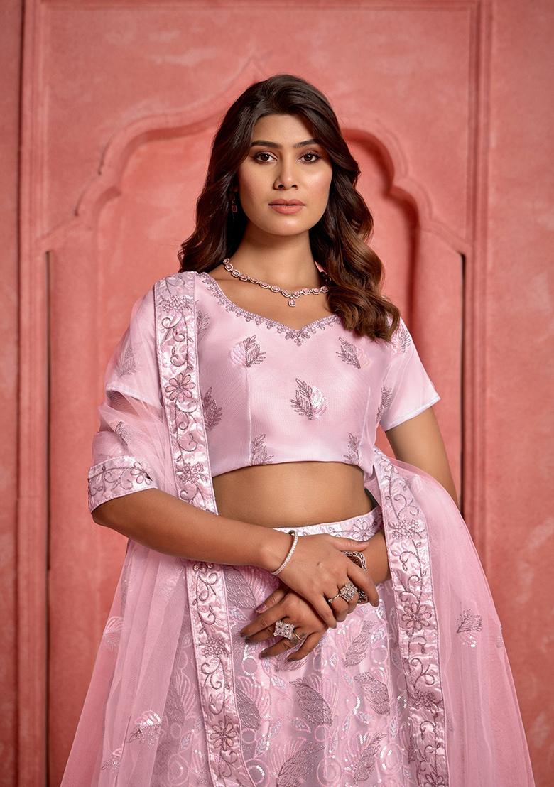Pink Sequin Embroidered Net Lehenga Set