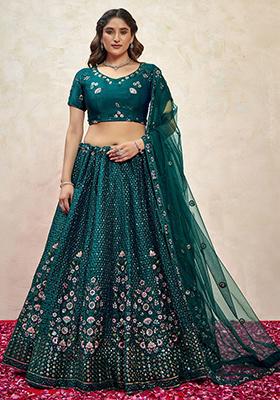Green Sequin Embroidered Net Lehenga Set