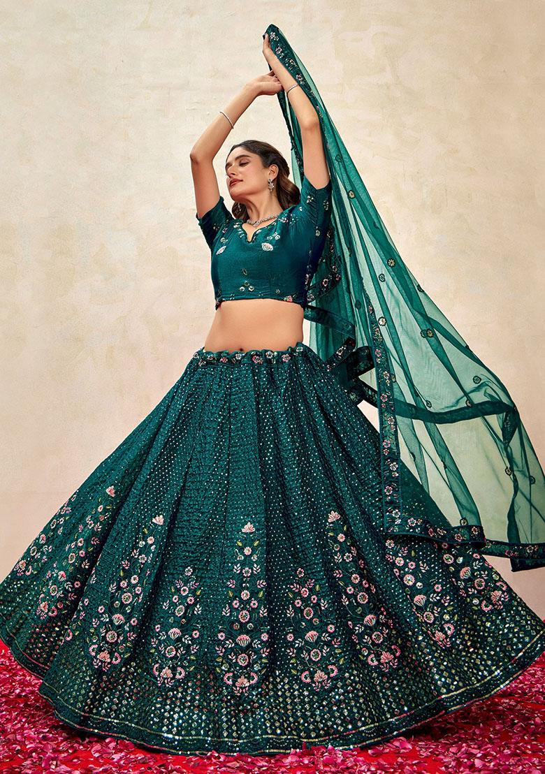 Green Sequin Embroidered Net Lehenga Set