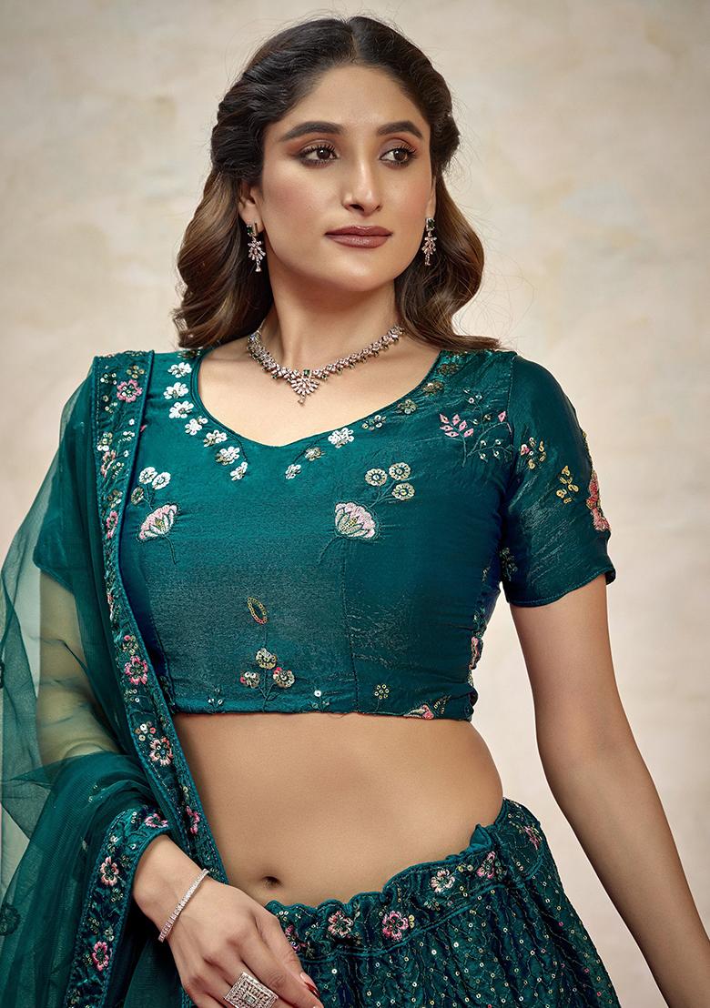 Green Sequin Embroidered Net Lehenga Set