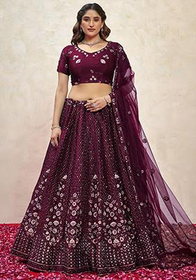 Purple Embroidered Net Lehenga Set