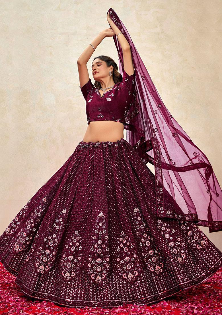 Purple Embroidered Net Lehenga Set