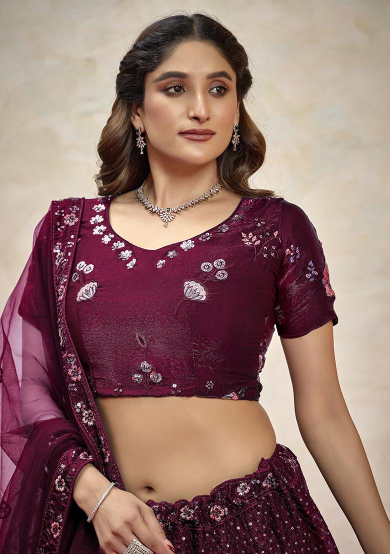 Purple Embroidered Net Lehenga Set