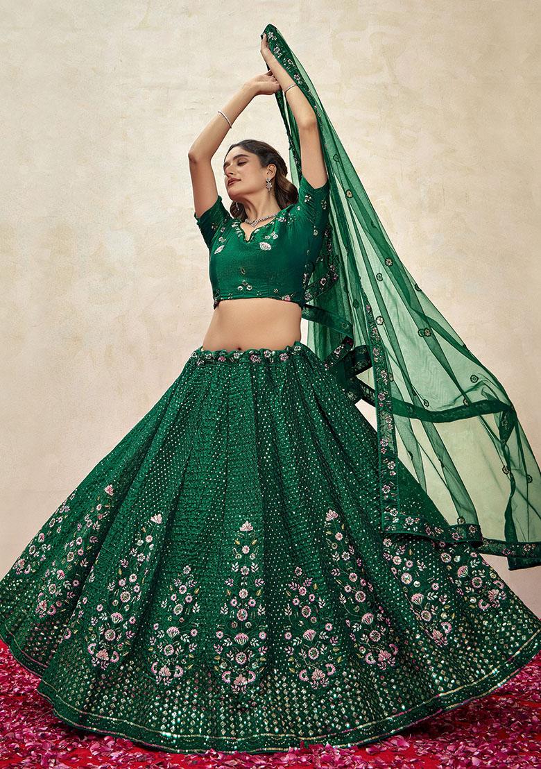 Green Sequin Embroidered Net Lehenga Set