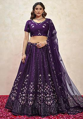 Purple Embroidered Net Lehenga Set