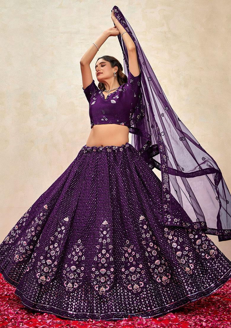 Purple Embroidered Net Lehenga Set