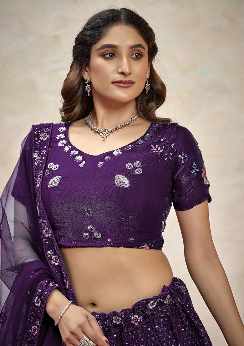 Purple Embroidered Net Lehenga Set