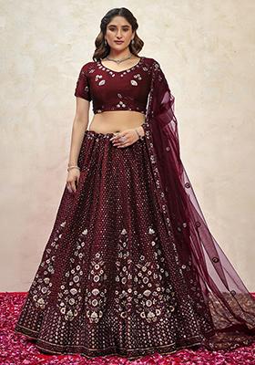 Maroon Sequin Embroidered Net Lehenga Set