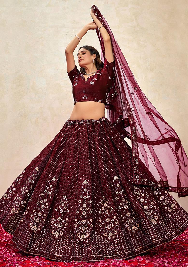 Maroon Sequin Embroidered Net Lehenga Set