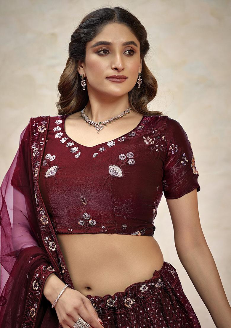 Maroon Sequin Embroidered Net Lehenga Set