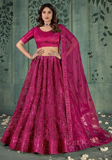 Pink Sequin Embroidered Net Lehenga Set