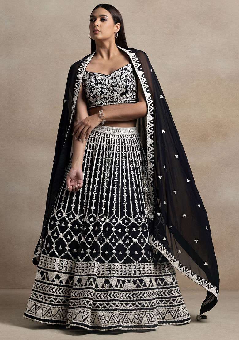 Black Embroidered Georgette Lehenga Set for Diwali and Festive Wear - Indya