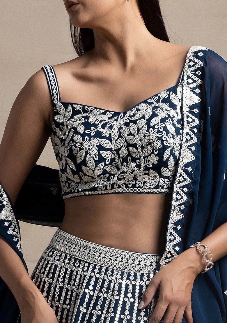 Navy Blue Embroidered Georgette Lehenga Set