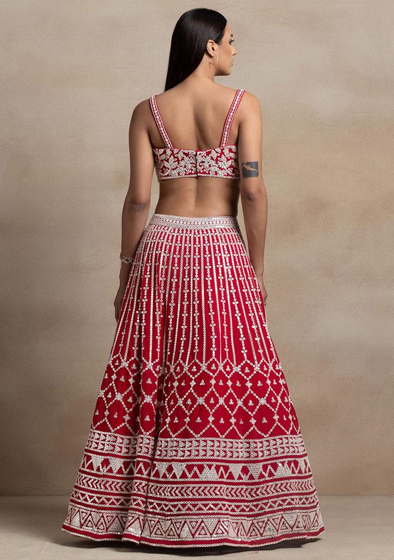 Red Embroidered Georgette Lehenga Set