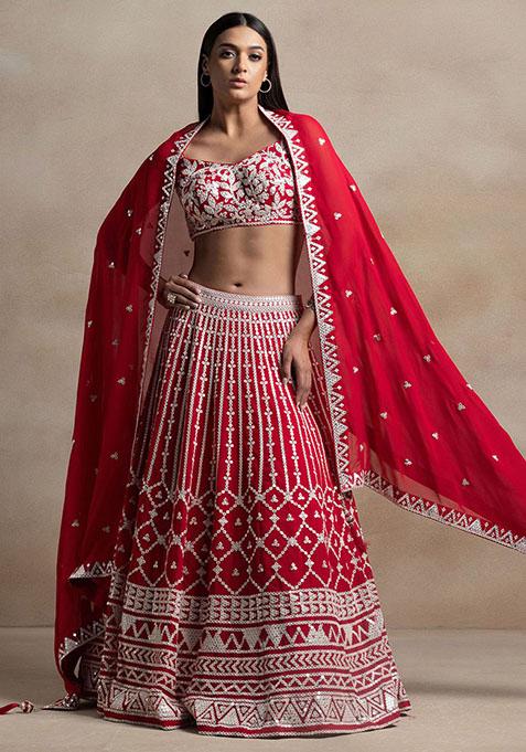 Red Embroidered Georgette Lehenga Set