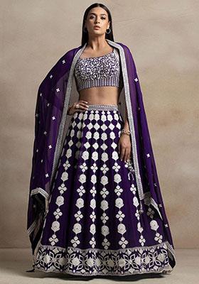 Purple Embroidered Georgette Lehenga Set