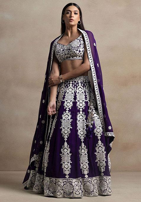 Purple Embroidered Georgette Lehenga Set