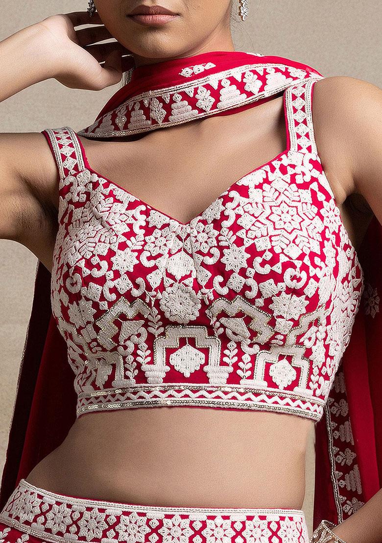 Red Embroidered Georgette Lehenga Set