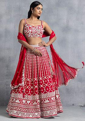 Red Embroidered Georgette Lehenga Set