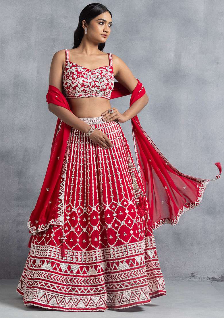 Red Georgette Lehenga Set with Embroidered for Diwali | Wedding & Festive Wear - Indya