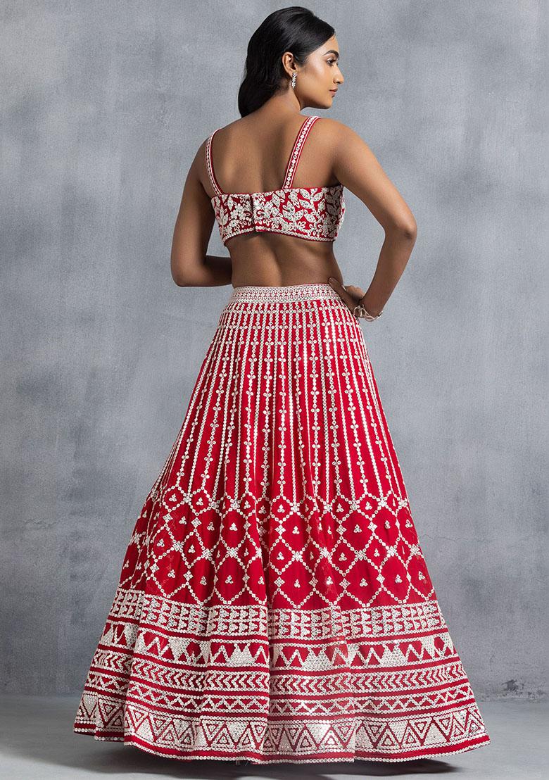 Red Embroidered Georgette Lehenga Set