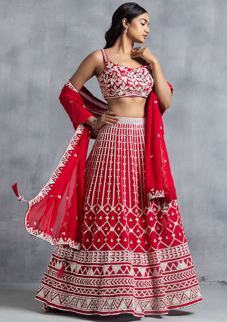 Red Georgette Lehenga Set with Embroidered for Diwali | Wedding & Festive Wear - Indya
