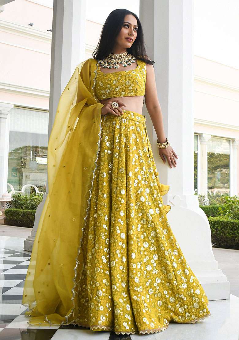 Yellow Embroidered Georgette Lehenga Set for Diwali and Festive Wear - Indya