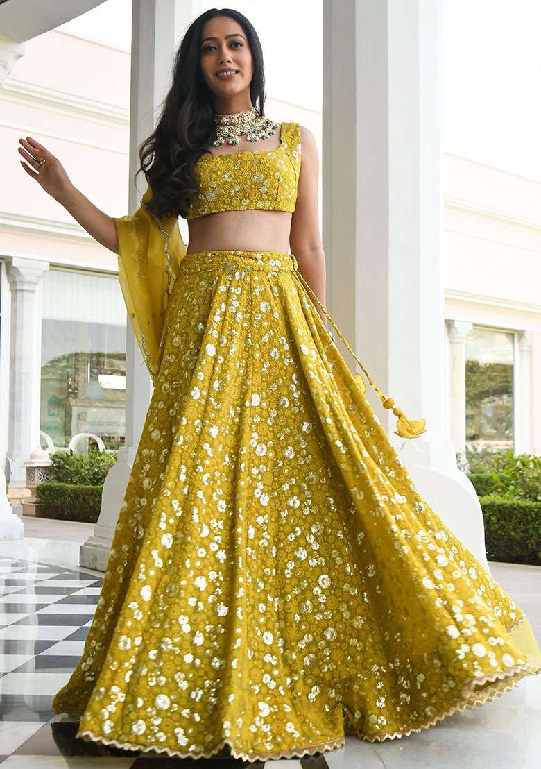 Yellow Embroidered Georgette Lehenga Set for Diwali and Festive Wear - Indya