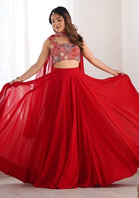 Red Embroidered Georgette  Lehenga Set