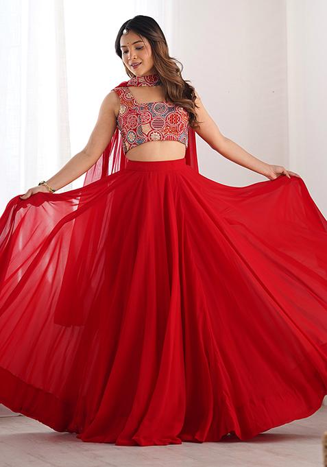 Red Embroidered Georgette  Lehenga Set
