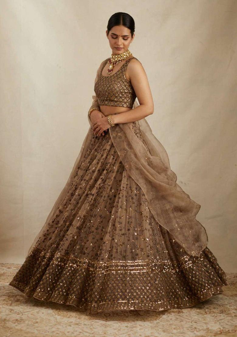 Brown Embroidered Net Lehenga Set - Indya