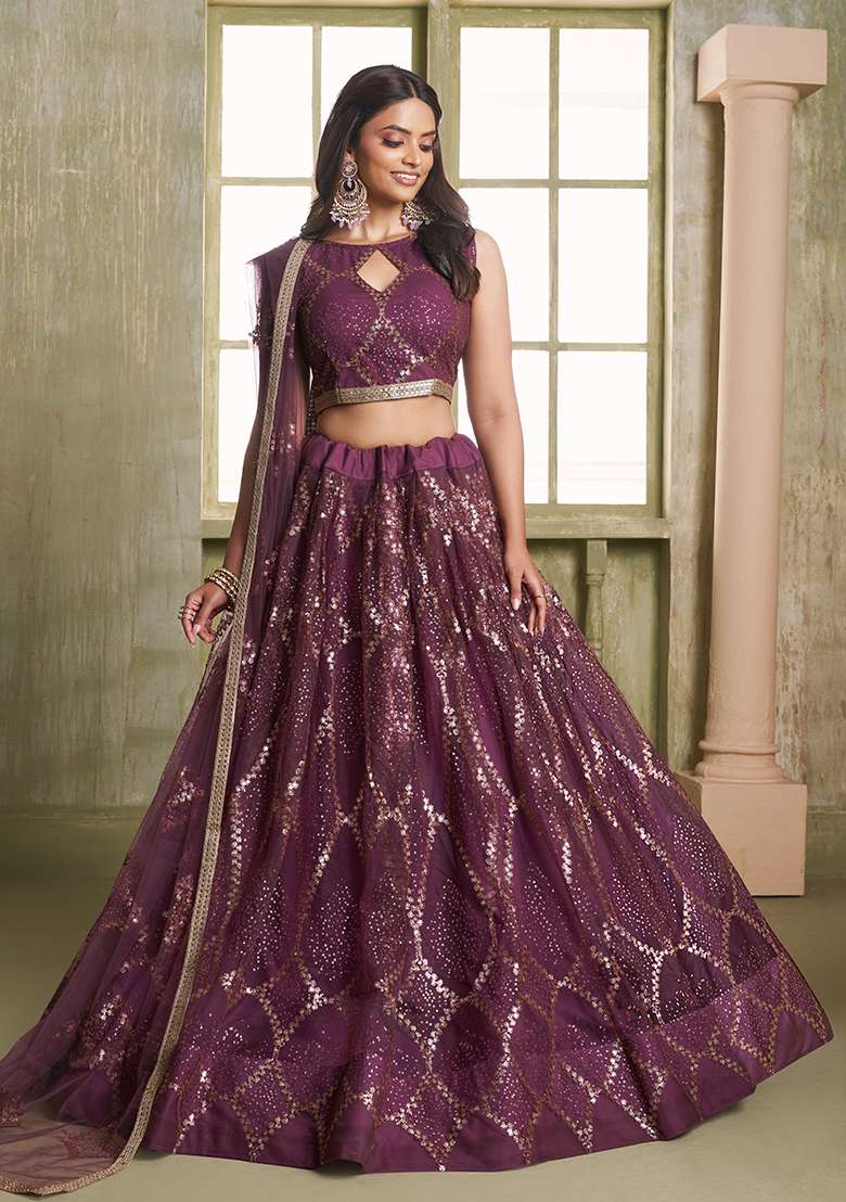 Wine Butterfly Net Lehenga Set with Embroidered for Diwali | Wedding & Festive Wear - Indya