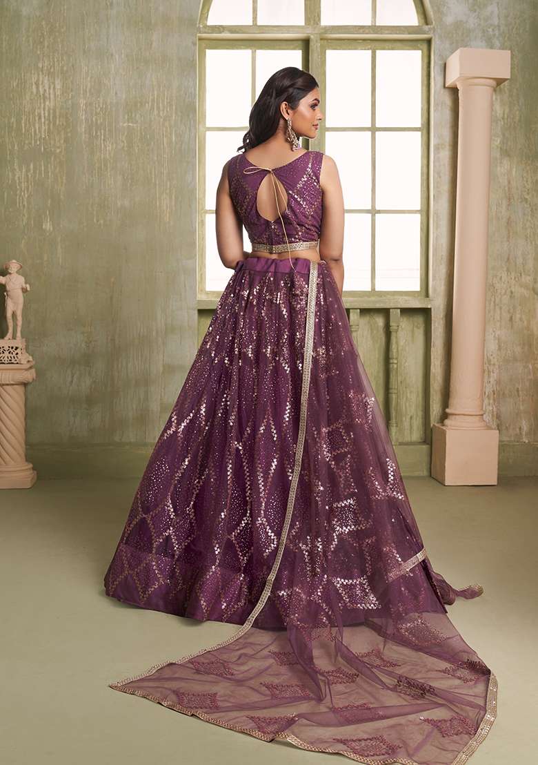 Wine Butterfly Net Lehenga Set with Embroidered for Diwali | Wedding & Festive Wear - Indya