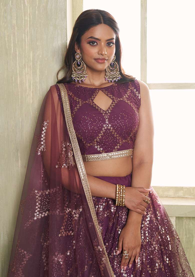Wine Butterfly Net Lehenga Set with Embroidered for Diwali | Wedding & Festive Wear - Indya