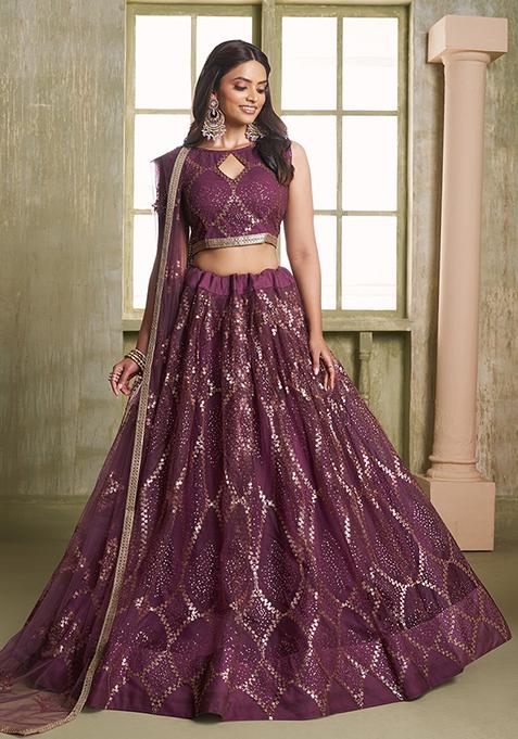 Wine Embroidered Butterfly Net Lehenga Set