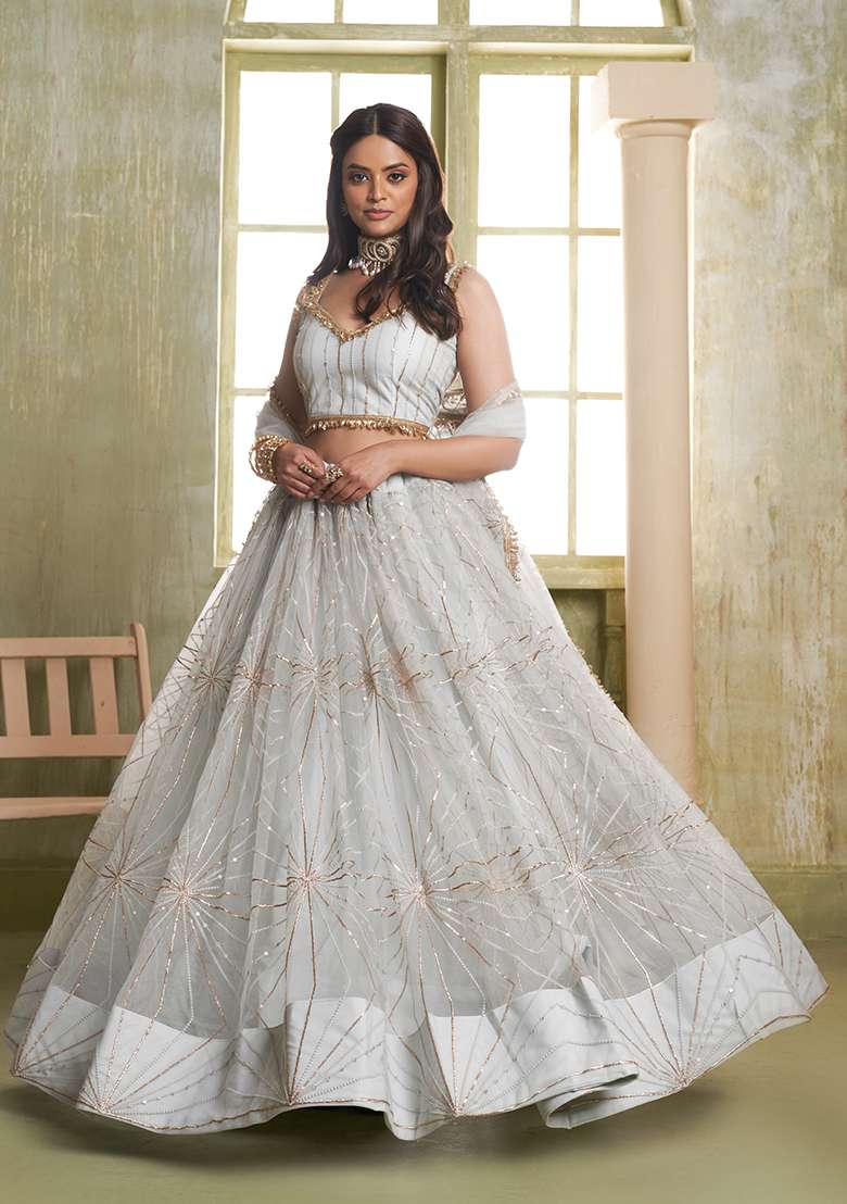 Light Grey Butterfly Net Lehenga Set with Embroidered for Diwali | Wedding & Festive Wear - Indya